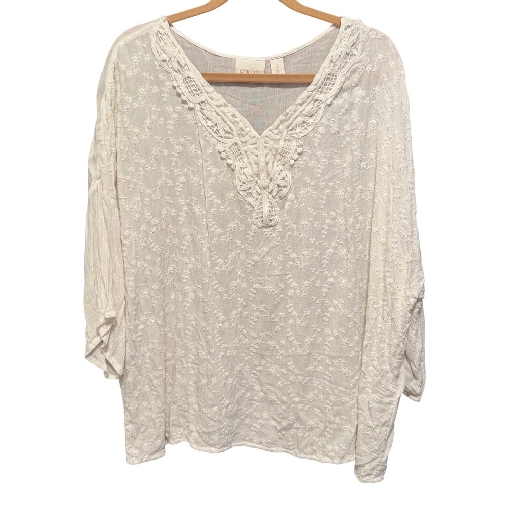 Chico's White Embroidered Lace VNeck Boho Tunic Top Size 3(XL) 3/4 Sleeve Blouse